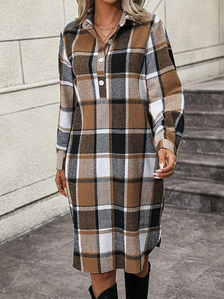 

Casual Shirt Collar Plaid Regular Fit Dress With No, Khaki, Dresses