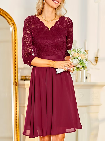 

Ruched Regular Fit Elegant Lace Dress With No, Red, Party Dresses