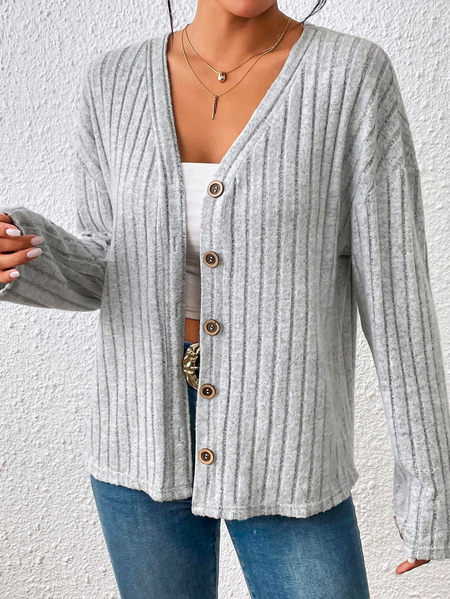

Casual Cross Neck Plain Drop Shoulder Button Front T-Shirt, Gray, T-Shirts