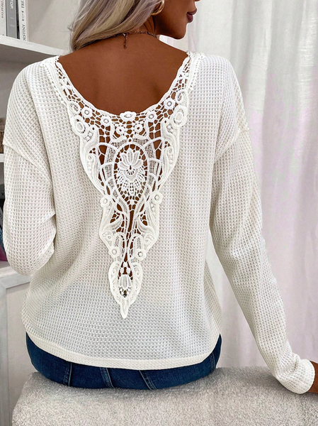 

Lace Casual Crew Neck Lace Guipure Lace Panel Drop Shoulder T-Shirt, White, T-Shirts