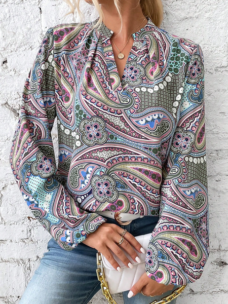

Loose Ethnic Casual Stand Collar Shirt, Green, Shirts & Blouses