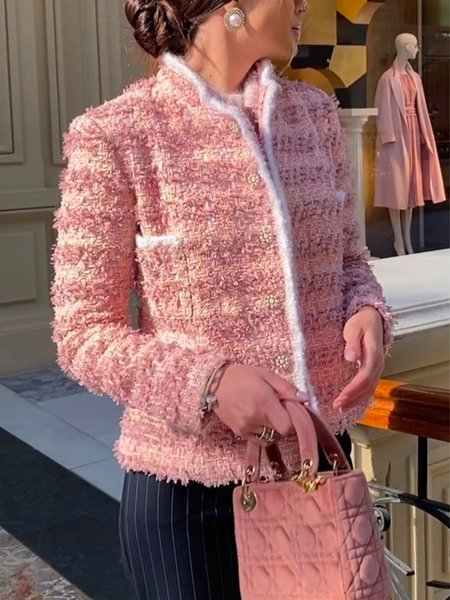 

Elegant Stand Collar Plain Long Sleeve Jacket, Pink, Jackets