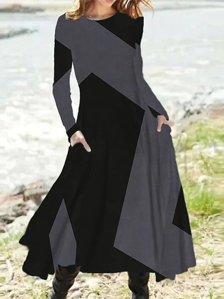 Geometric Casual Crew Neck Dress, Gray, Dresses