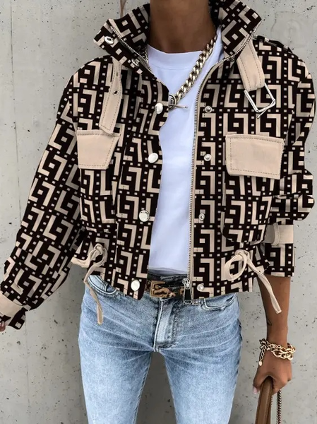 

Casual Loose Geometric Shawl Collar Jacket, Brown, Jackets