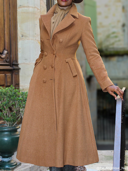 

Lapel Collar Long Sleeve Urban Regular Fit Plain Mid-long Coat, Khaki, Coats