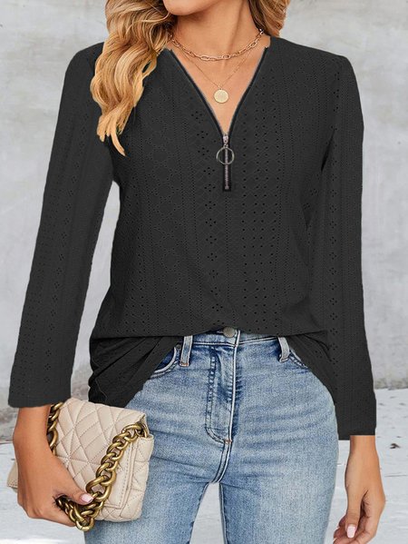 

Women Plain V Neck Casual Long Sleeve T-shirt, Black, Long Sleeves