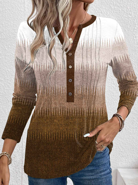 

Women Gradient Pattern Half Open Collar Casual Long Sleeve T-shirt, Camel, Long Sleeves