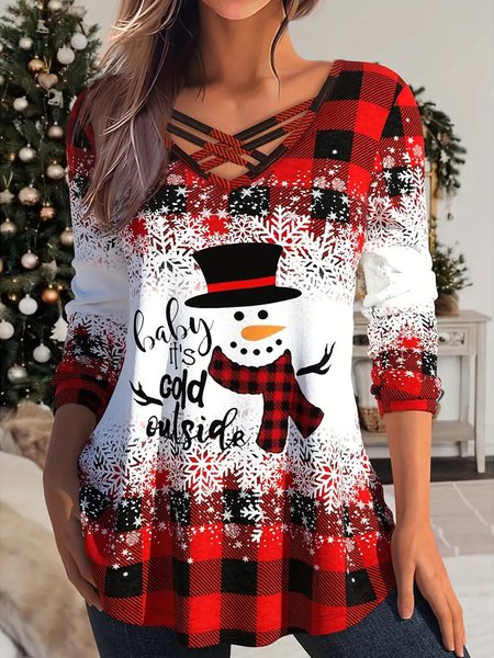 

V Neck Christmas Cross Casual Shirt, Red, Shirts & Blouses