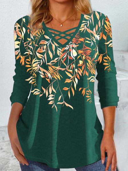 

V Neck Casual Floral T-Shirt, Green, T-Shirts
