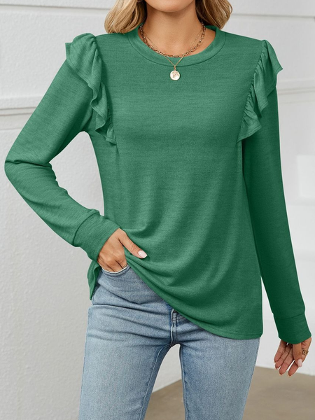 

Women Plain Crew Neck Casual Long Sleeve T-shirt, Green, Long Sleeves