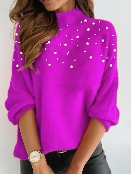 

Daily Imitation Pearls Elegant Plain Sweater, Rose red, Pullovers