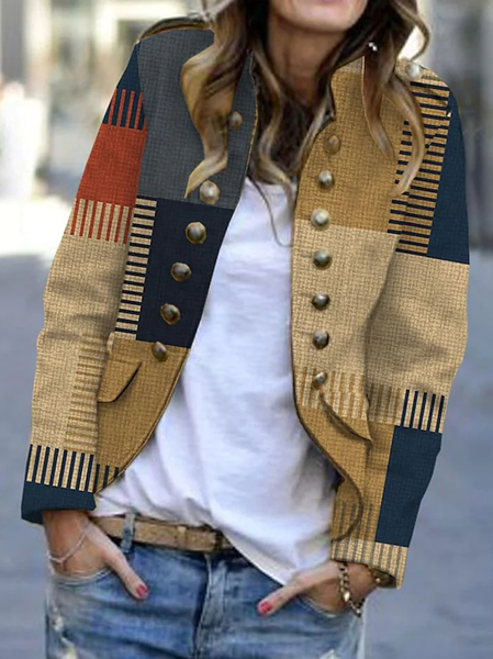 

Casual Stand Collar Colorblock Jacket, Khaki, Jackets