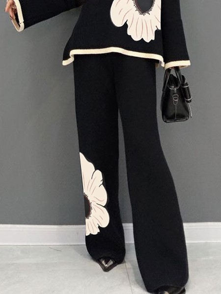 

Regular Fit High Elasticity Floral Urban Long Pants Straight pants, Black, Pants