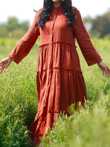 

Women's Casual Linen Style Loose Shirt Dress, Orange red, Maxi Dresses