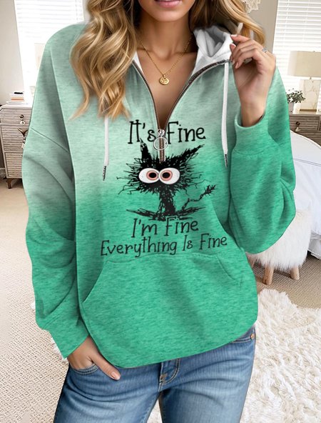 Zipper Knitted Loose Casual Hoodie, Green, Sweatshirts & Hoodies