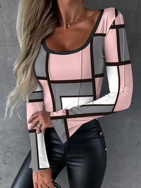 

Colorblock Casual Tight T-Shirt, Pink, T-Shirts