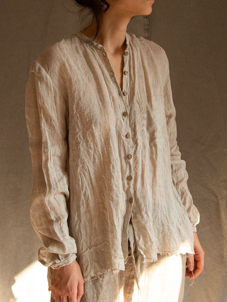 

Women's Stand Collar Plain Linen Style Casual Blouse, Apricot, Blouses & Shirts