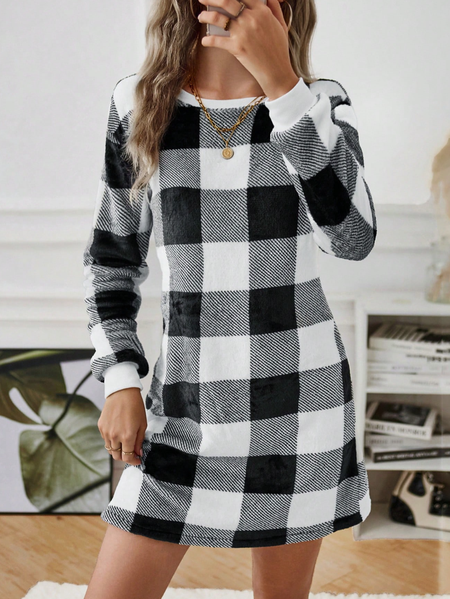 

Plaid Crew Neck Casual Dress, Black, Dresses