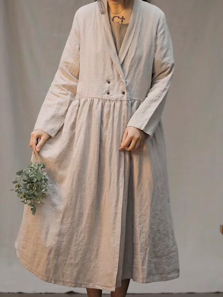

Women's Shawl Collar Casual Linen Style Shirt Dress And Coat, Off white, Maxi Dresses
