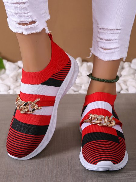

Chain Decor Geometric Color Block Slip On Flyknit Sneakers, Red-black, Sneakers