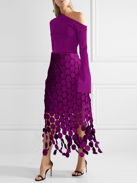 

Daily Long Sleeve Elegant Lace Plain Dress, Purple, Maxi Dresses