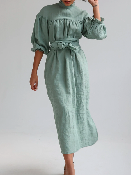 

Women's Casual Plain Stand Collar Shirt Dress, Green, Maxi Dresses