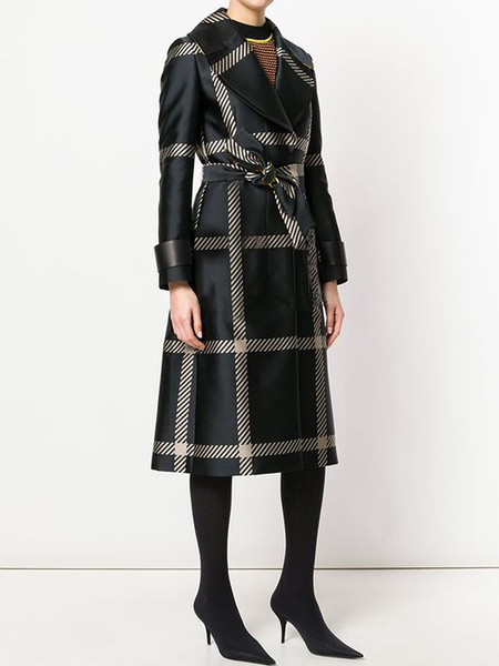 

Lapel Collar Loose Long Sleeve Urban Plaid Trench Mid-long Coat, Black, Coats