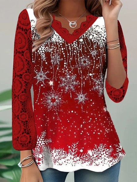 

Casual Lace V Neck Christmas Shirt, Red, Shirts & Blouses