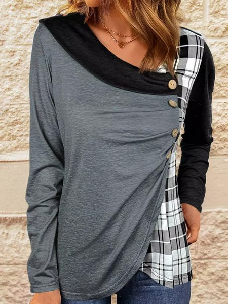 

Asymmetrical Collar Casual Buttoned Shirt, Gray, Shirts & Blouses