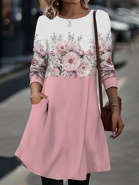 

Floral Crew Neck Loose Casual Dress, Pink, Dresses