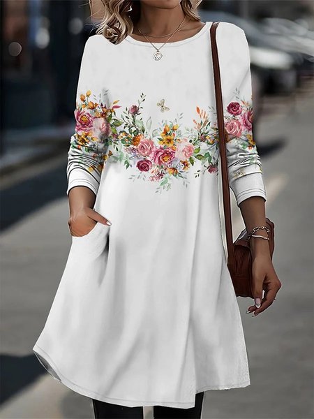 

Floral Casual Crew Neck Dress, White, Dresses