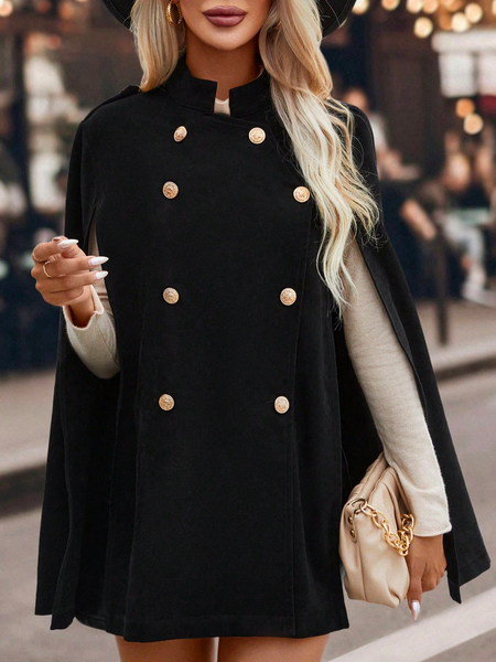 

Crew Neck Woolen Plain Casual Double Breasted Cloak Sleeve Coat, Black, Coats