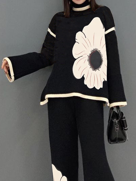 

High Elasticity Loose Floral Urban Turtleneck Long Sleeve Sweater, Black, Pullovers