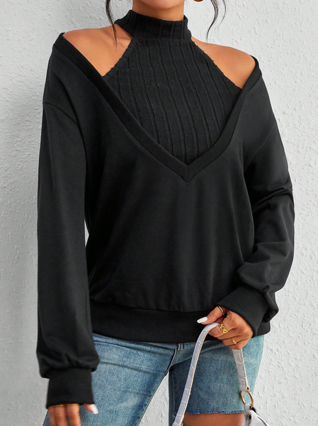 

Stand Collar Casual Lace Solid Cold Shoulder Sweatshirt, Black, Sweatshirts & Hoodies