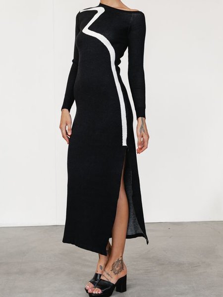 

Long Sleeve Asymmetrical Urban Striped Sweater Dress, Black, Maxi Dresses