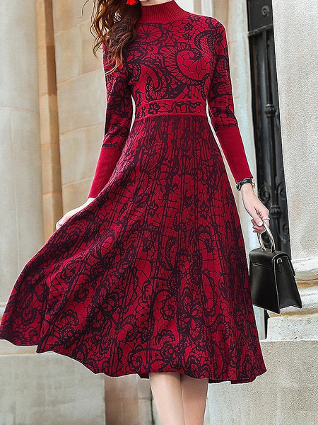 

High Elasticity Regular Fit Half Turtleneck Long Sleeve Elegant Sweater Dress, Red, Midi Dresses