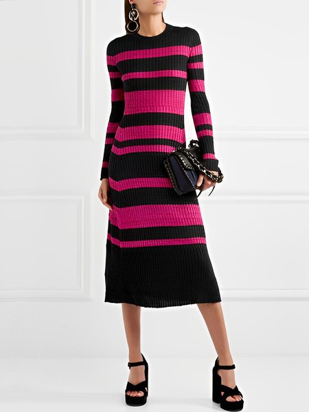 

Elegant Striped Crew Neck Long Sleeve Sweater Dress, Rose red, Midi Dresses