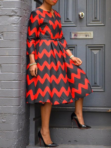 

Regular Fit Geometric Elegant Dress With Belt, Reddish black, Midi Dresses