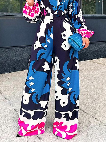 

Elegant Pocket Floral Fashion Wide leg Pants, Blue, Pants