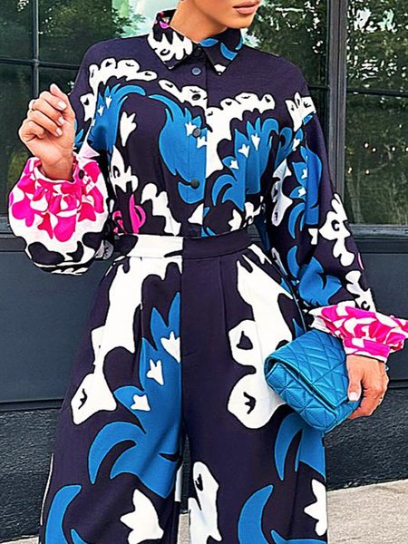 

Elegant Floral Print Shirt Collar Long Sleeve Blouse, Blue, Blouses and Shirts