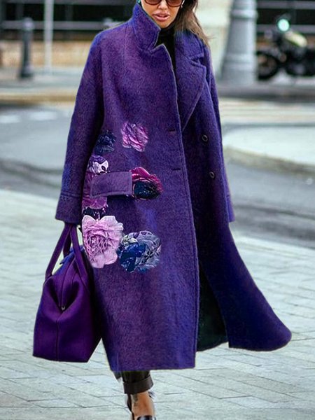 

Loose Lapel Collar Floral Urban Long Sleeve Coat, Purple, Coats