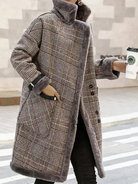 

Fluff/Granular Fleece Fabric Plaid Shawl Collar Casual Coat, Coffee, Coats