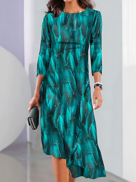 Casual Feather Pattern Dress With No Belt, Green, Dresses