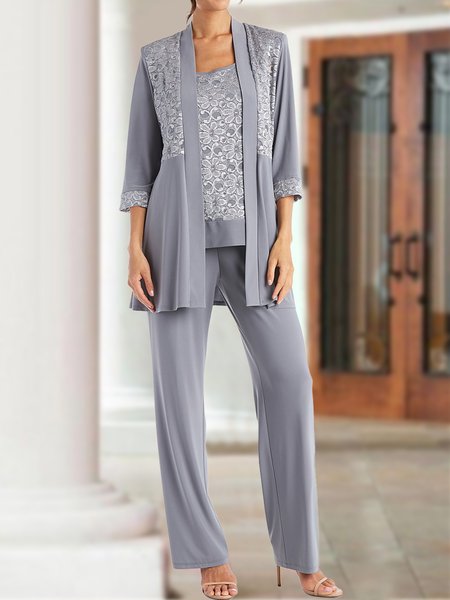 

Plain Loose Elegant Crew Neck Two-Piece Set, Gray, Jumpsuits＆Rompers
