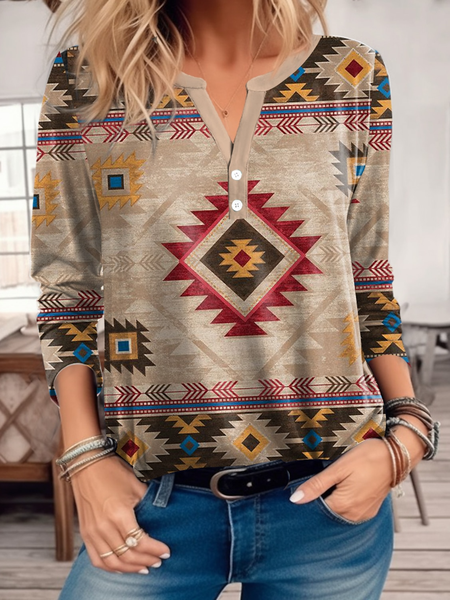 Loose Ethnic Casual Crew Neck T-Shirt, Khaki, Shirts & Blouses