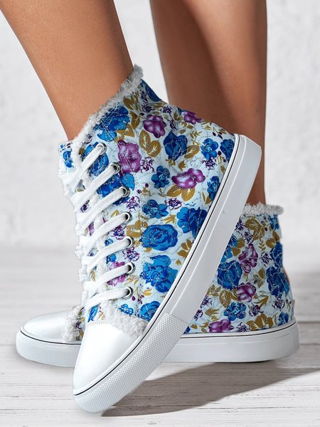 

Casual Blue Floral Faux Fur Lined High Top Canvas Shoes, Sneakers