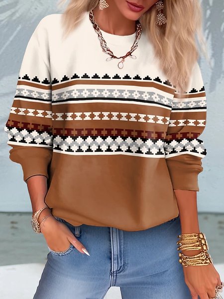 

Simple ethnic style round neck sweatshirt, Deep khaki, Hoodies&Sweatshirts
