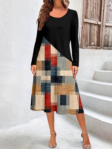 Casual Crew Neck Dress With No Belt, Brown, Dresses