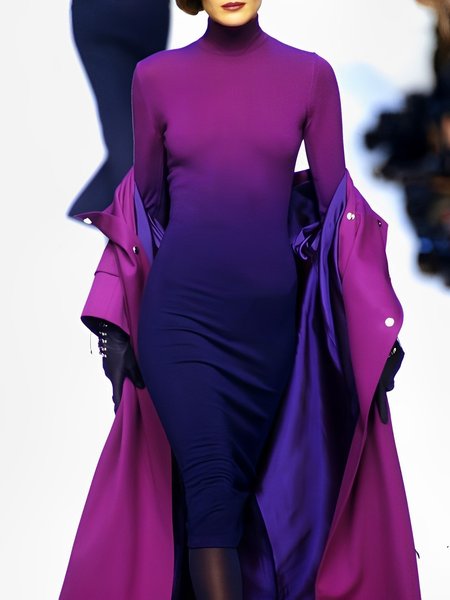 

Elegant Turtleneck Ombre Regular Fit Long Sleeve Dress, Purple, Midi Dresses