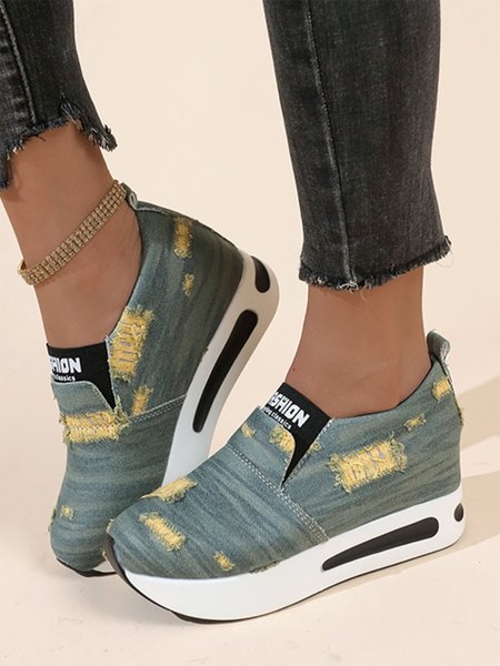 

Casual Distressed Denim Slip On Hidden Wedge Sneakers, Cyan, Sneakers